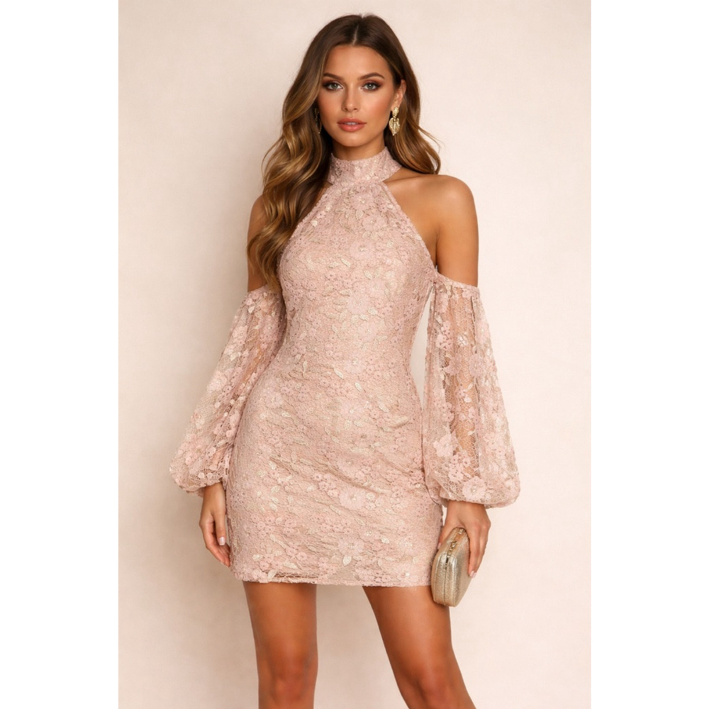 Michael Costello x REVOLVE Blush Pink Lace Halter Cold Shoulder Mini Dress Small